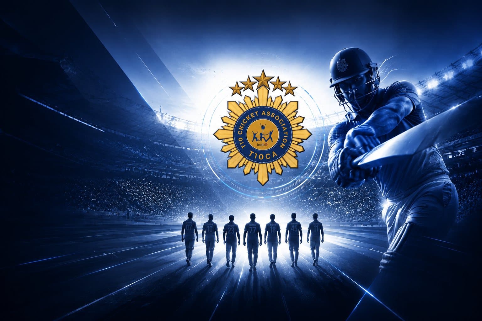 India T10 Cricket Association — the official association crest above a floodlit stadium, a batsman mid-shot and a line of players walking out